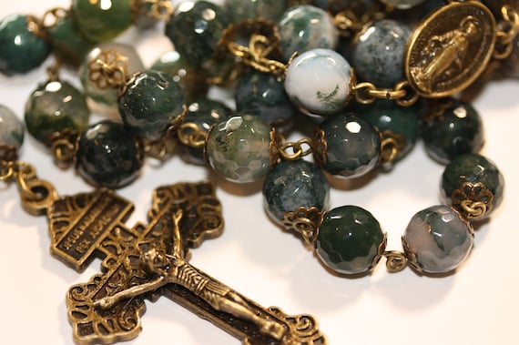 Large 10mm Green Ice Agate in Bronze Made Oklahoma 5 Decade Catholic Rosary with Pardon Crucifix