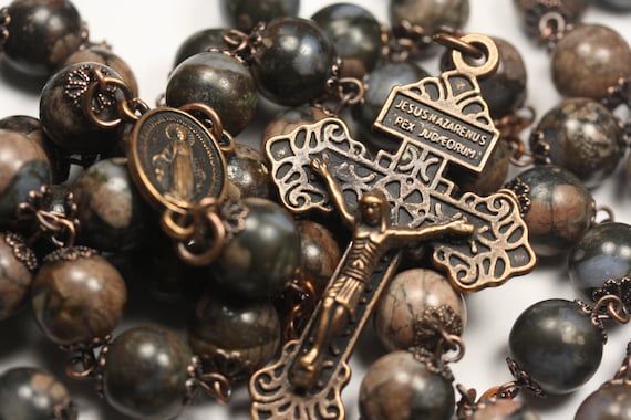 Large 10mm Brown and Blue Opal Bead Rosary in  Copper With Miraculouse Medal and Pardon Crucifix Handmade in Oklahoma