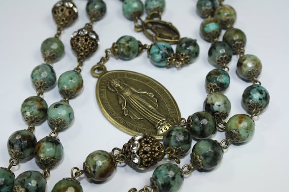 African Turquoise Miraculous Seven Sorrows Rosary 7 decades of 7 beads African bronze Chaplet handmade in Oklahoma