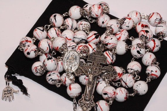 10mm Ceramic Painted Black Red and White Rosary in Silver with Pardon Crucifix made in Oklahoma