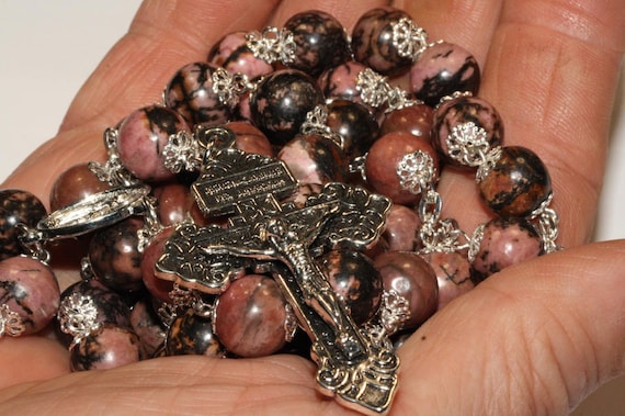 10mm Black Line Rhodonite Bead Rosary in Silver handmade in Oklahoma