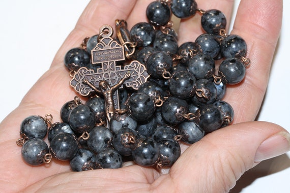 Large Copper and Larvikite 10mm 5 Decade Bead Rosary with a Pardon Crucifix Made in Oklahoma