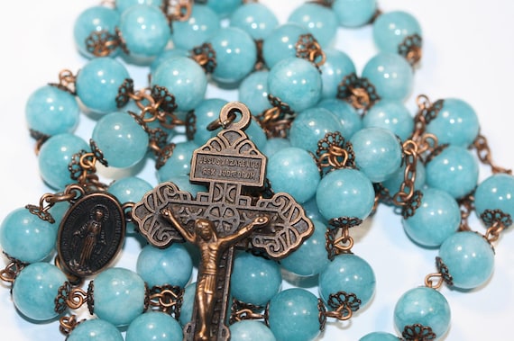Blue Chalcedony Rosary: Copper Pardon Crucifix, Miraculous Medal, Handmade in Oklahoma