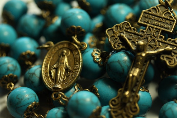 Coffee Table Rosary - Large 12mm Imitation Turquoise and Bronze Handmade Rosary Handmade in Oklahoma 5 decade Pardon Crucifix