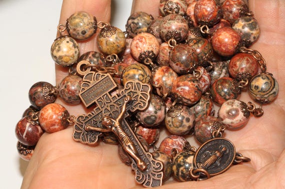 Leopardskin Jasper Rosary: Handmade Copper Pardon Crucifix, Handmade Oklahoma