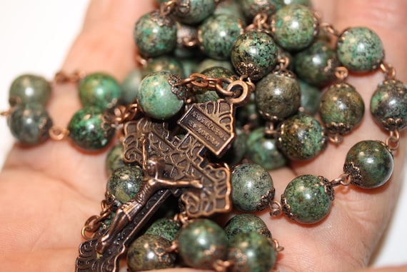 10mm African Turquoise Rosary in Copper with Pardon Crucifix Handmade in Oklahoma