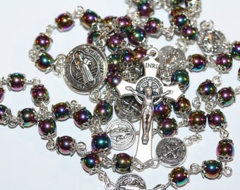 Standard 7mm Hematite Rainbow St. Benedict Rosary in Silver made in Oklahoma