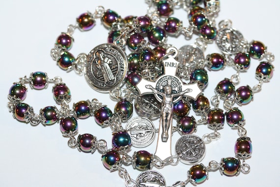 Standard 7mm Hematite Rainbow St. Benedict Rosary in Silver made in Oklahoma