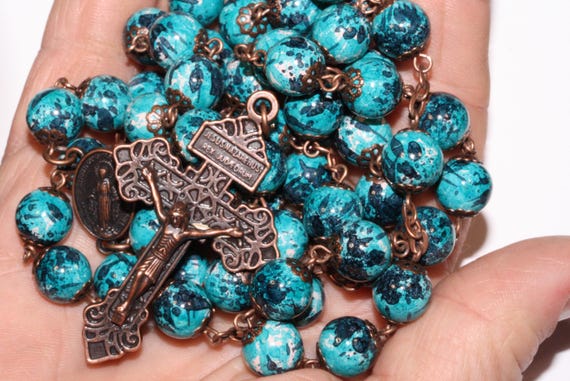 10mm Ceramic Painted Aqua and Navy Rosary in Copper with Pardon Crucifix made in Oklahoma