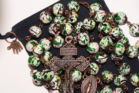 10mm Ceramic Painted Green Pink and Yellow on White Rosary in Copper with Pardon Crucifix made in Oklahoma