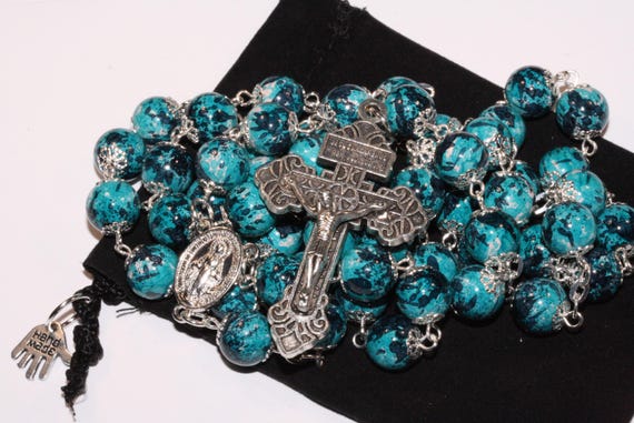 10mm Ceramic Painted Aqua and Navy Rosary in Silver with Pardon Crucifix made in Oklahoma