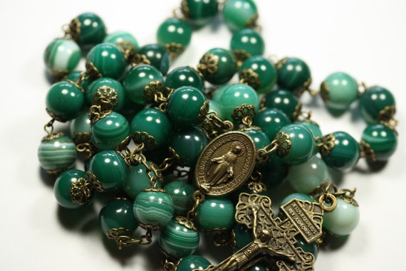 Coffee Table Rosary - Large 12mm Striped Green Agate and Bronze Handmade Rosary Handmade in Oklahoma 5 decade Pardon Crucifix