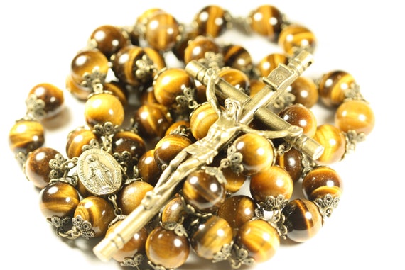 14mm Tiger eye Stone Bead Wall Rosary in Bronze made in Oklahoma