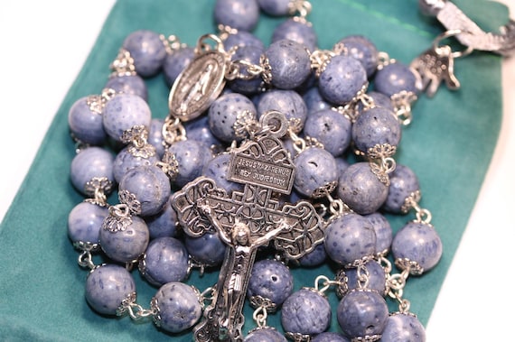 Blue Coral Rosary, 10mm Bead, Silver Pardon Crucifix & Miraculous Medal Handmade in Oklahoma