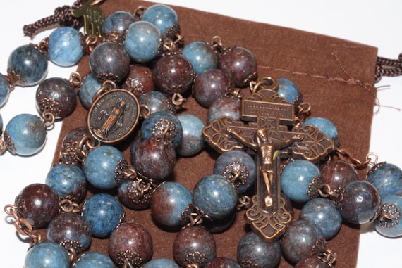 10mm Blue and Brown Jasper Rosary in Copper Handmade in Oklahoma 5 decade Pardon Crucifix