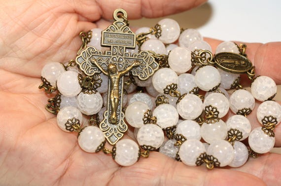 Handmade Cracked Agate Rosary: 10mm Beads, Bronze Crucifix, Comfortable Hold