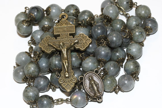 Labradorite in Bronze 10mm 5 Decade Smooth Bead Rosary with a Pardon Crucifix Made in Oklahoma