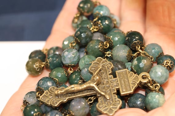 Large 10mm Faceted Green Agate Rosary, Bronze Pardon Crucifix, Miraculous Medal Center from oklahoma