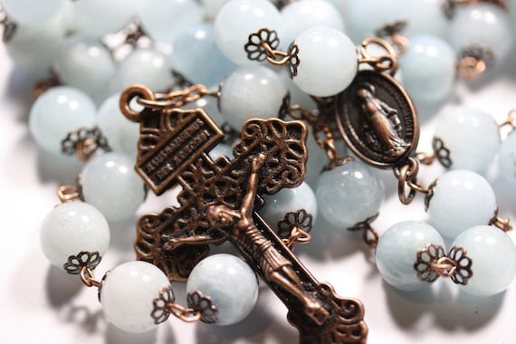 Large 10mm Nonfaceted (Smooth) Genuine Aquamarine Rosary in Copper made in Oklahoma