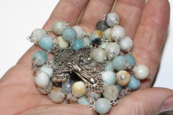 10mm Amazonite Faceted Bead Rosary in Silver made in Oklahoma