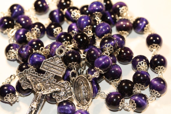 Large 10mm Nonfaceted (Smooth) Purple Tigers eye in Silver Rosary made in Oklahoma