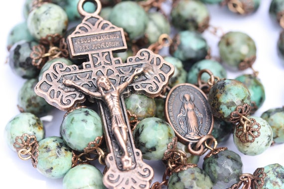 Huge African 10mm Turquoise and Bead Rosary in Bronze or Copper Handmade in Oklahoma
