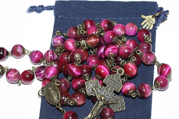 10mm Non-Faceted Pink and Brown Tiger eye Rosary in Bronze with Pardon Crucifix Handmade in Oklahoma