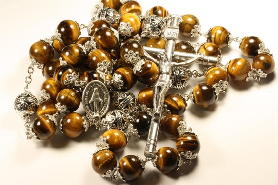14mm Tiger eye Stone Bead Wall Rosary in Silver made in Oklahoma