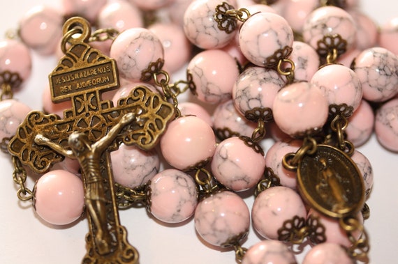 10mm Large Imitation Pink Turqupoise and Bronze Rosary Made in Oklahoma with Pardon Crucifix