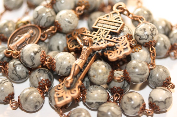 10mm Large Grey Lace Jasper Rosary in Copper with Pardon Crucifix Made in Oklahoma