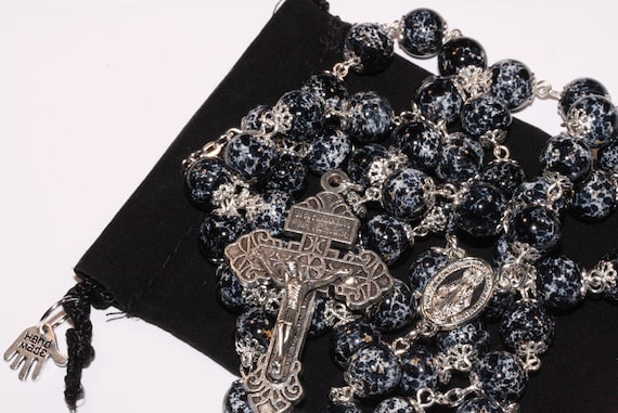 10mm Ceramic Black and  White Rosary in Silver with Pardon Crucifix made in Oklahoma