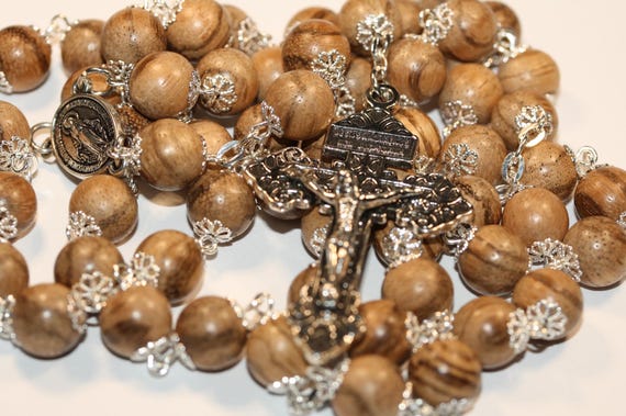 Large 10mm Agarwood Wood Rosary in Silver with a Pardon Crucifix, Handmade in Oklahoma