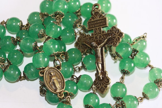 Large 10mm Green Jade and Bronze Handmade Rosary Handmade in Oklahoma 5 decade Pardon Crucifix