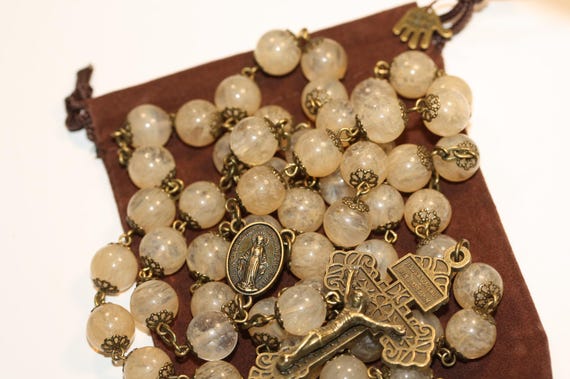 Honey Chalcedony Rosary: Bronze Pardon Crucifix, Miraculous Medal, Handmade Oklahoma