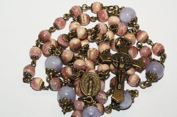 Tiny 5mm Peruvian Rhodochrosite Rosary with Purple Chalcedony Spacer Beads in Bronze Handmade in Oklahoma (Last of these beads)