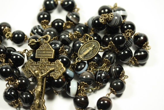 Large Smooth Stone Black Striped Agate in Bronze 10mm 5 Decade Bead Rosary Made in Oklahoma