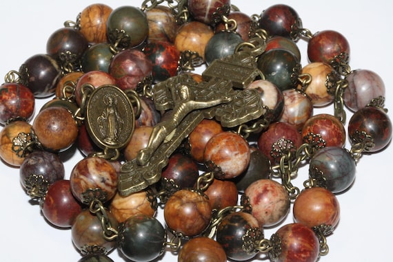 10mm Picasso Jasper Rosary  in Bronze Handmade in Oklahoma 5 decade Pardon Crucifix