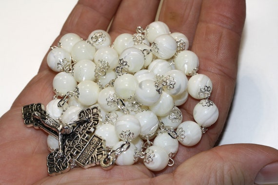 10mm White Sea Shell in Silver Handmade Rosary Handmade in  Oklahoma 5 decade Pardon Crucifix