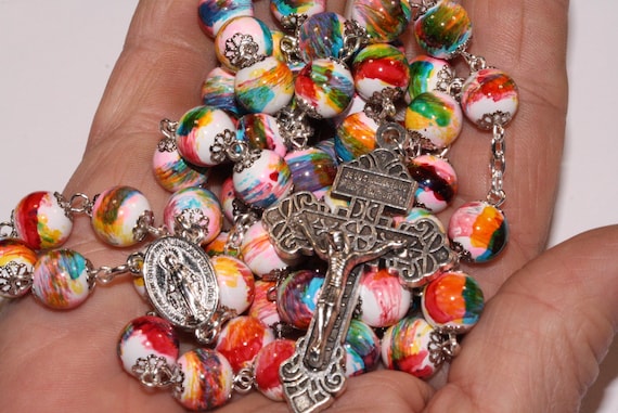 10mm Ceramic Painted  Carnival Colored Rosary in Silver with Pardon Crucifix made in Oklahoma