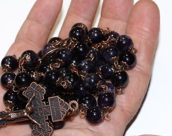 10mm Non-Faceted Amethyst Rosary in Copper with Pardon Crucifix Handmade in Oklahoma