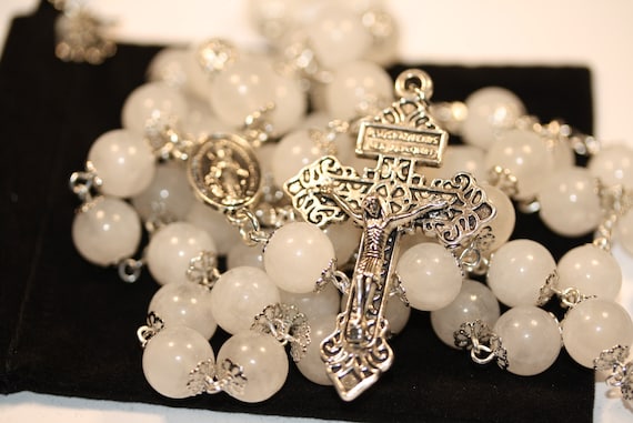 Large 10mm White Jade in Silver Handmade Rosary Handmade in  Oklahoma 5 decade Pardon Crucifix