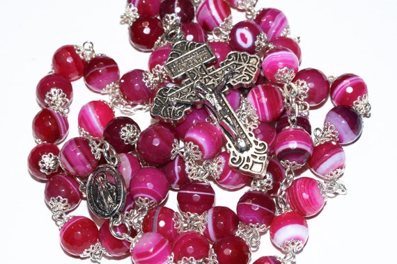 Pink Striped Agate in Silver handmade in Oklahoma with Pardon Crucifix and Miraculous Medal Center