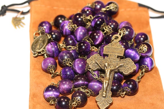 10mm Purple Tiger's Eye Rosary in Bronze handmade in Oklahoma with Pardon Crucifix