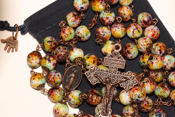 10mm Glass Yellow Red Blue Green Rosary in Copper with Pardon Crucifix made in Oklahoma