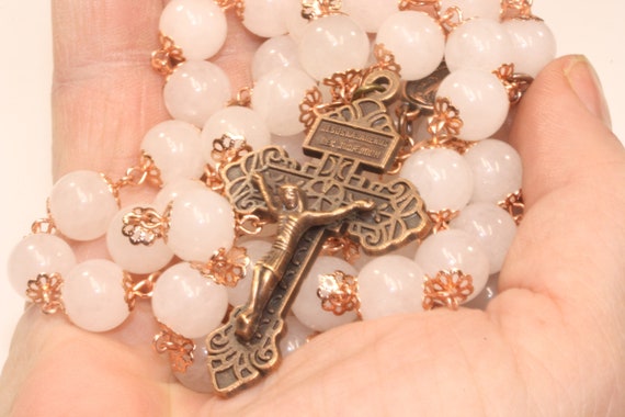 Large Bright Copper and White Jade 10mm 5 Decade Bead Rosary with a Pardon Crucifix Made in Oklahoma