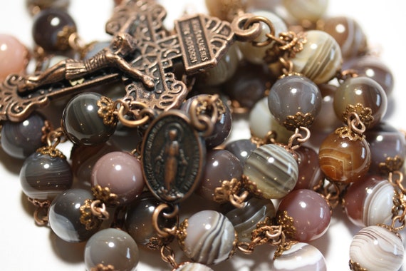 Large 10mm Nonfaceted (Smooth) Bead Botswana Agate in Copper Rosary made in Oklahoma