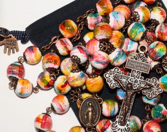 10mm Ceramic Painted  Carnival Colored Rosary in Copper with Pardon Crucifix made in Oklahoma