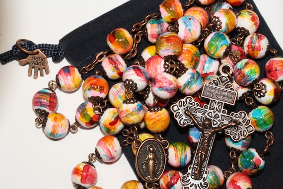 10mm Ceramic Painted  Carnival Colored Rosary in Copper with Pardon Crucifix made in Oklahoma