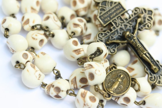 Memento Mori “Remember your mortality” Day of the Dead, 10mm Skull Rosary in Bronze Handmade in Oklahoma also available with St. Michael