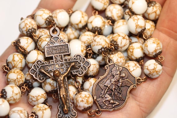 St. Michael Gold Vein Stone Bead Rosary, 10mm Bead, Copper Pardon Crucifix & Miraculous Medal Handmade in Oklahoma
